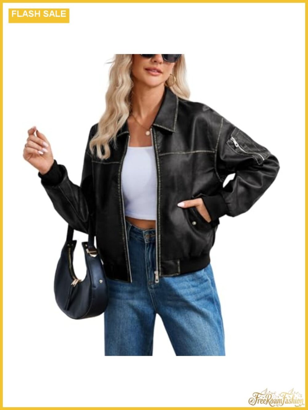 Faux Leather Oversized Bomber Jacket Zip Front Casual Coat